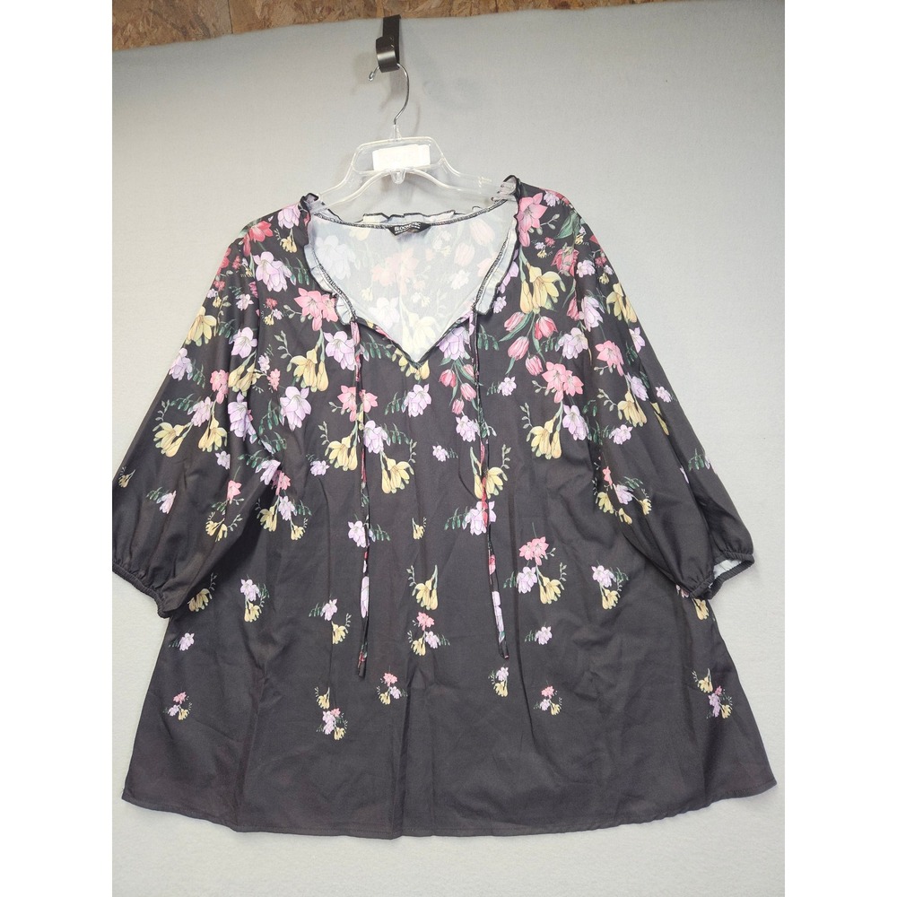 BloomChic Women Black Floral V-Neck Tie Blouse 3/4 Sleeve Plus Size 18-20 Top